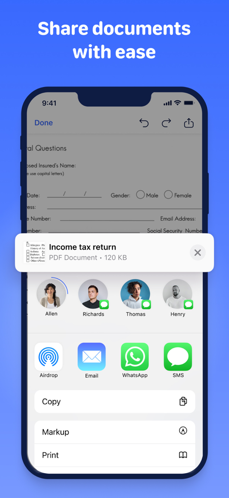 Oberfläche der mobilen App, die verschiedene Freigabeoptionen wie E-Mail und WhatsApp für ein signiertes PDF-Dokument zeigt