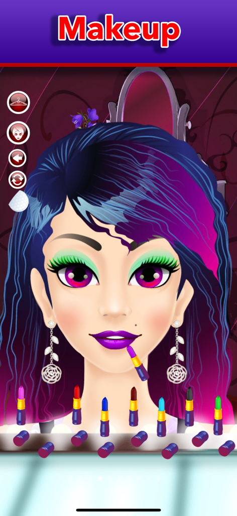 A girl character with blue and purple hair receiving a purple lipstick application in the makeup screen of the Spooky Halloween Makeover game.