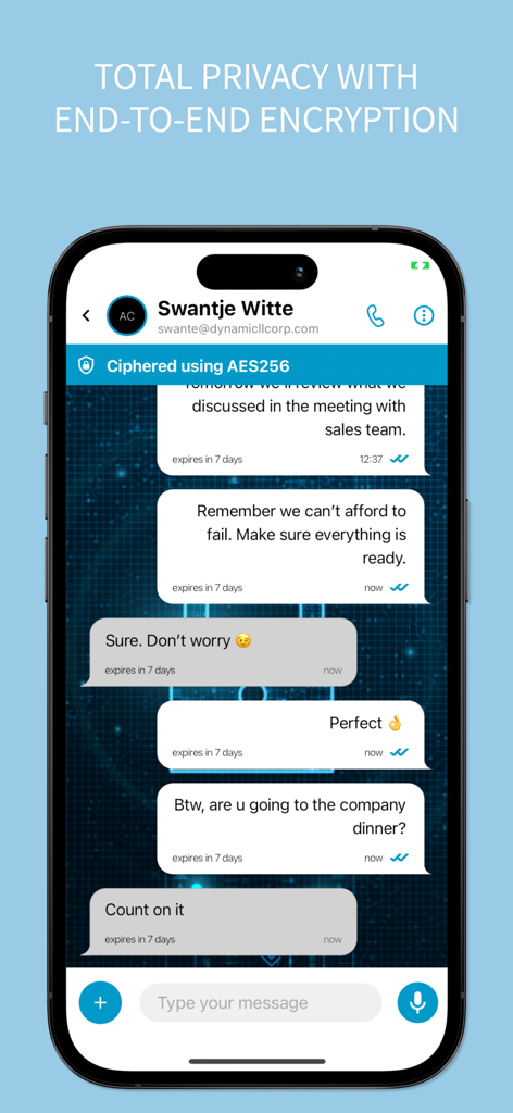 KSE Kripteria mobile app showing a secure business chat interface with end-to-end encryption and expiring messages.