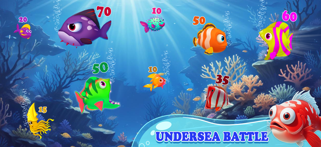Fish Eat Fish Hunting Games - Peces de dibujos animados coloridos con valores de puntos en una escena de juego de batalla submarina.