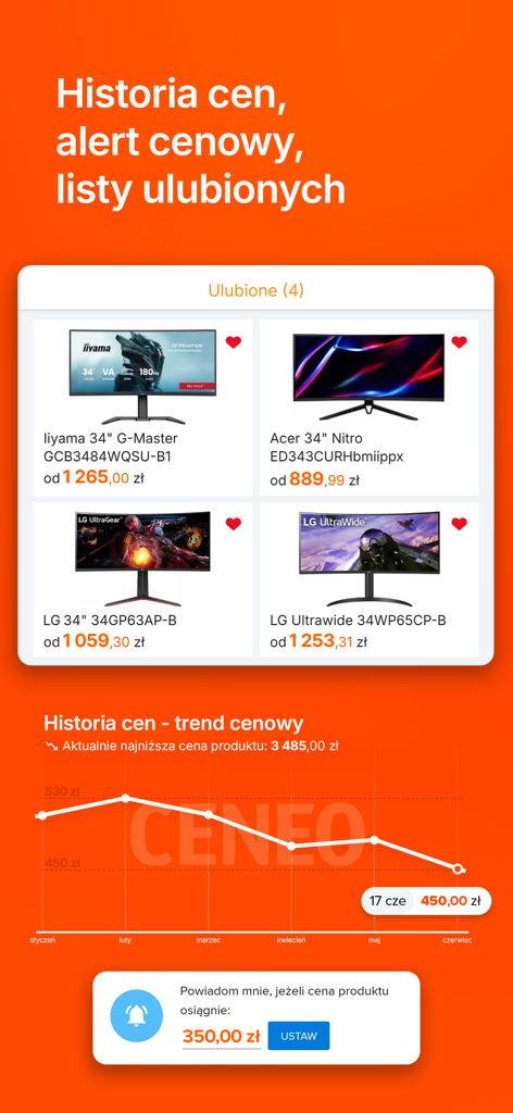 Ceneo app interface showing price history graph and favorite items list