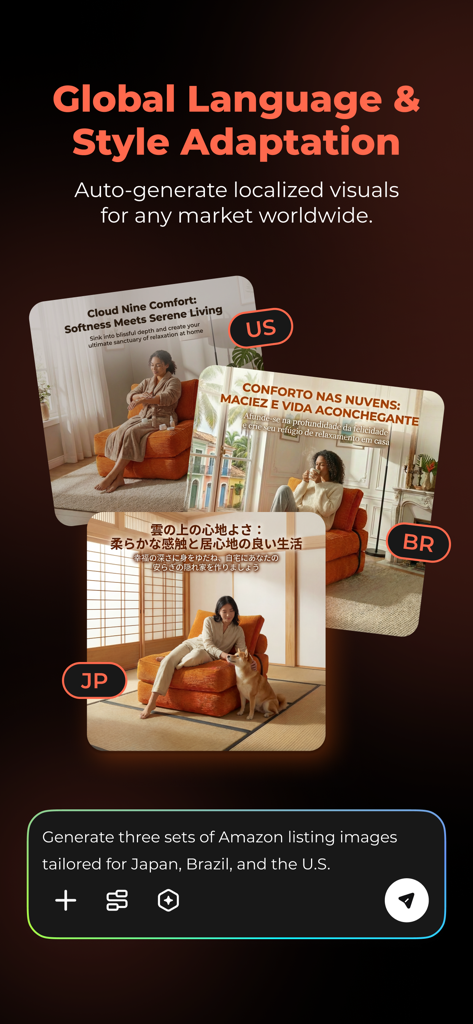 A demonstration of Designkit AI automatically localizing product photos for US, Brazil, and Japanese markets with adapted text and styles.