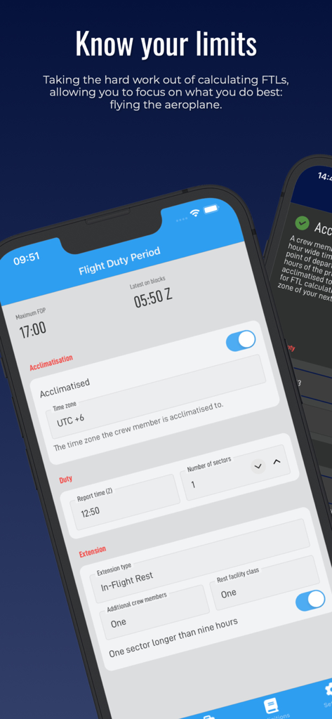 Interfaccia dell'app mobile per il calcolo dei periodi di servizio di volo e dell'acclimatamento per i piloti
