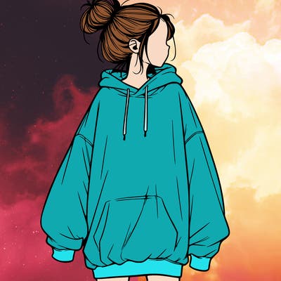 realistic girl with a oversized sweatshirt on and a bun