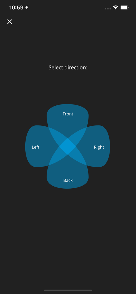 WIDEX EVOKE app screen showing directional focus options for front back left and right hearing