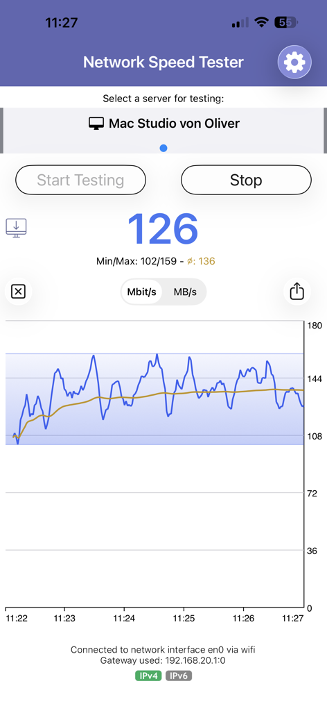 Network speed test screen showing a real time throughput graph