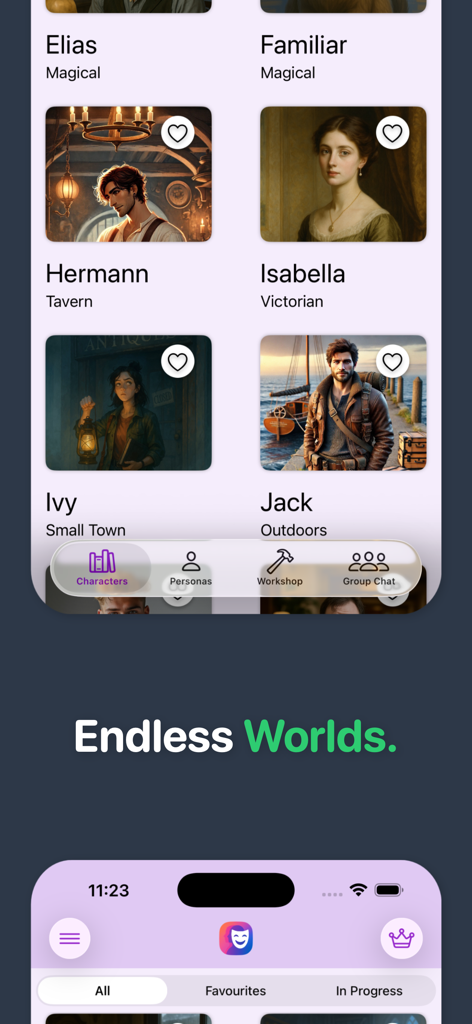 A selection of AI roleplay characters in the Persona Chat app including a Victorian woman and a tavern worker.