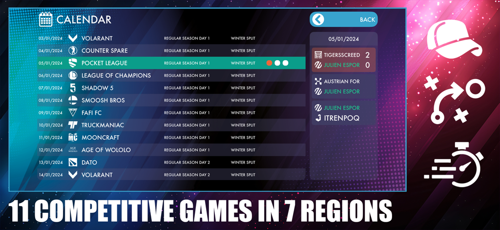 eSports Master game calendar interface showing various competitive gaming tournaments and match schedules