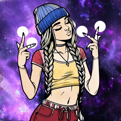 realistic teenage girl with braids and a beanie and crop top doing 🫶🏼