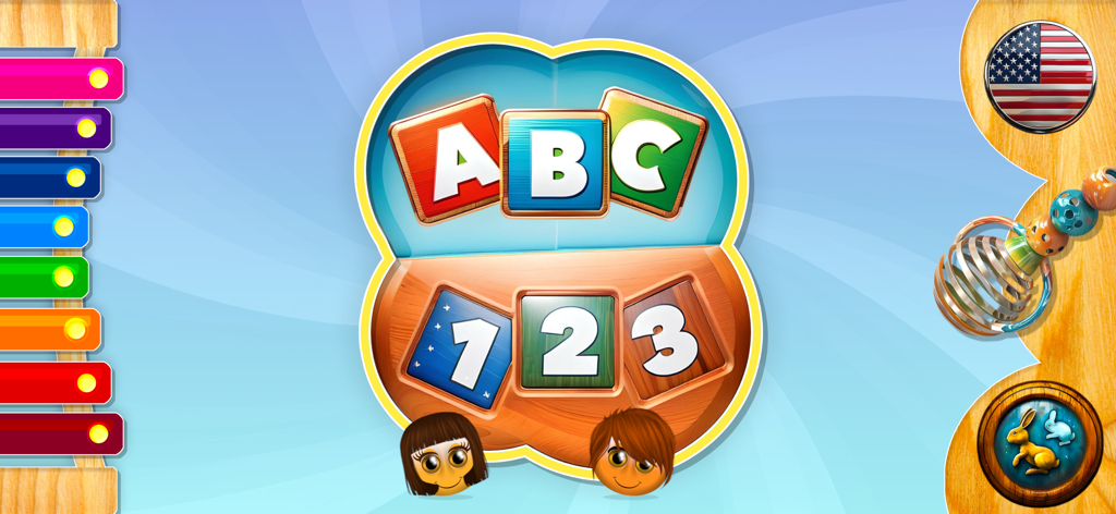 ABCs Song - Écran d'accueil de l'application ABCs Song affichant les boutons alphabet et chiffres avec des graphiques de jouets colorés