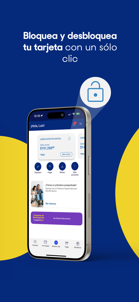 BanCoppel mobile app interface showing the feature to block and unblock your card for security