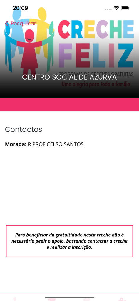 Creche Feliz - Ecrã da aplicação Creche Feliz mostrando detalhes de contacto e instruções de inscrição para um centro de creche