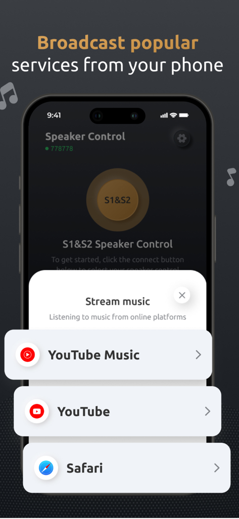 Oberfläche der S1 S2 Lautsprecher-Controller-App, die Musik-Streaming-Optionen von YouTube und Safari zeigt