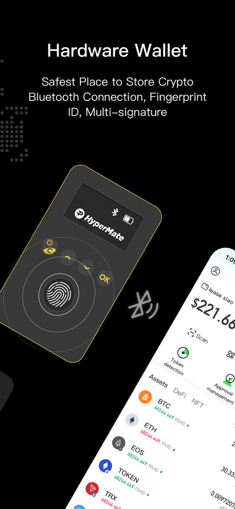 HPX mobile app interface connecting to a HyperMate hardware wallet via Bluetooth for secure crypto management.