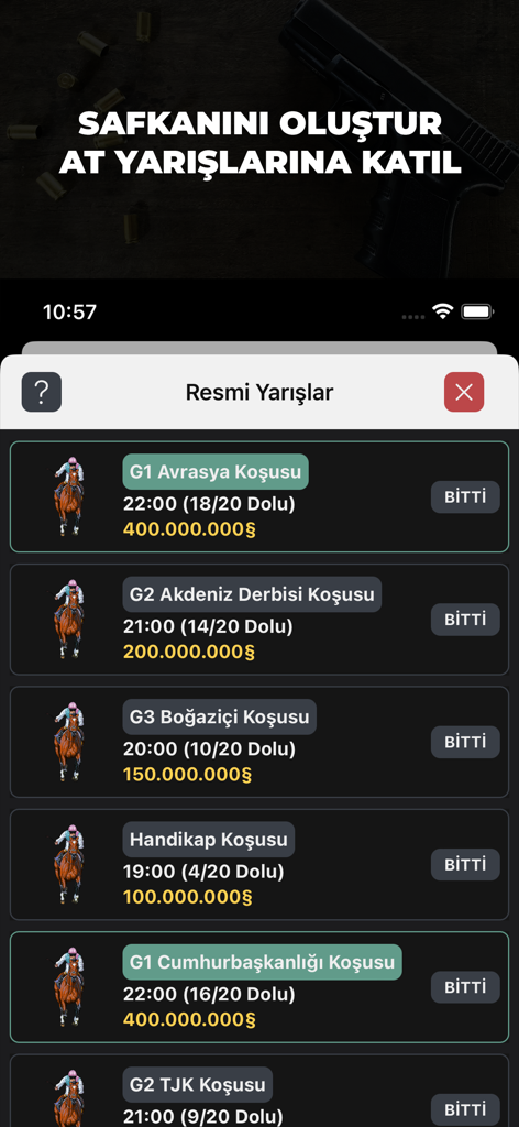 MAFYA - Günahkarlar! - Menu de corridas de cavalos no jogo mostrando listas oficiais de corridas e prêmios em dinheiro em Mafia Sinners.