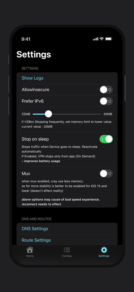 V2Box app settings screen showing proxy configuration options like memory limit, protocol toggles, and DNS settings in dark mode.