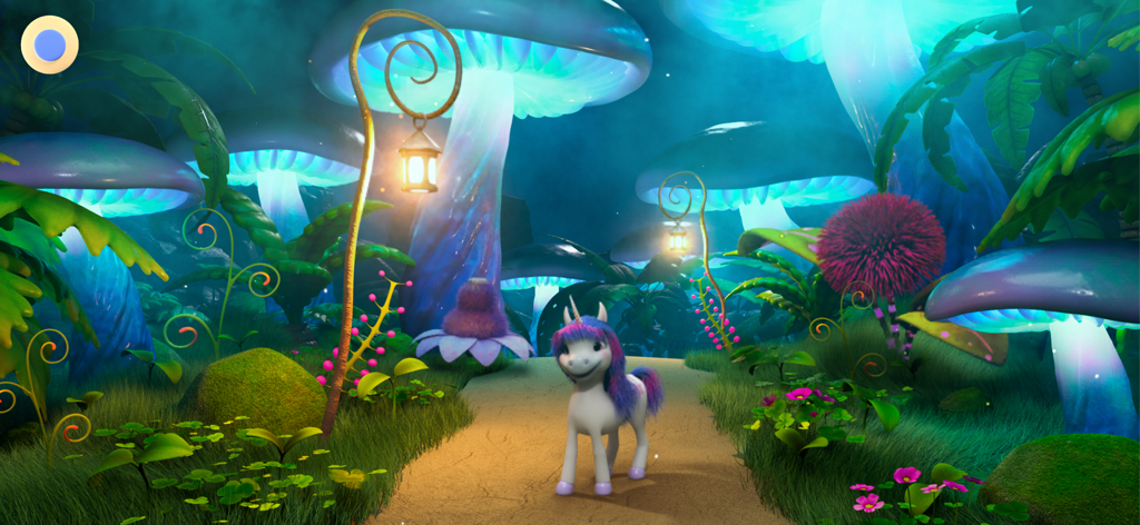 Dinkytoon Interactive Stories - Un lindo unicornio blanco parado en un bosque mágico con hongos gigantes brillantes y linternas.