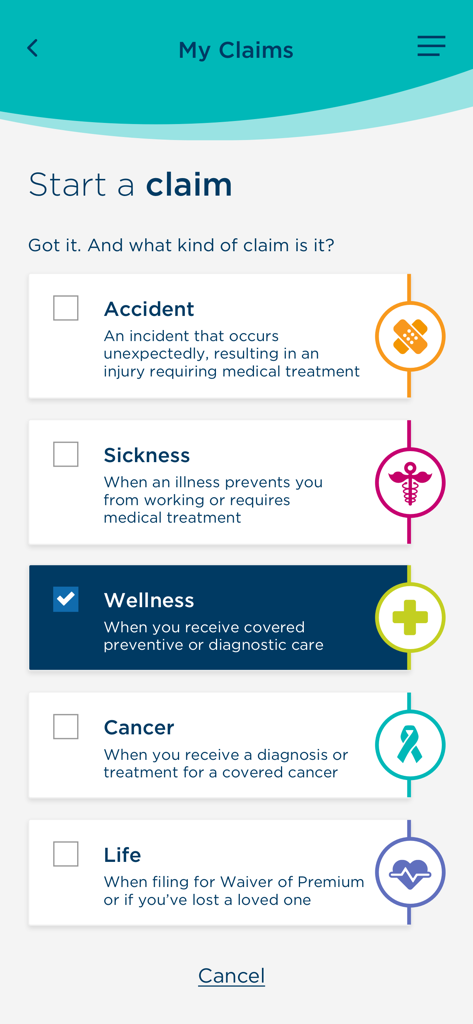 Interface para selecionar um tipo de sinistro de seguro, incluindo opções de acidente, doença e bem-estar