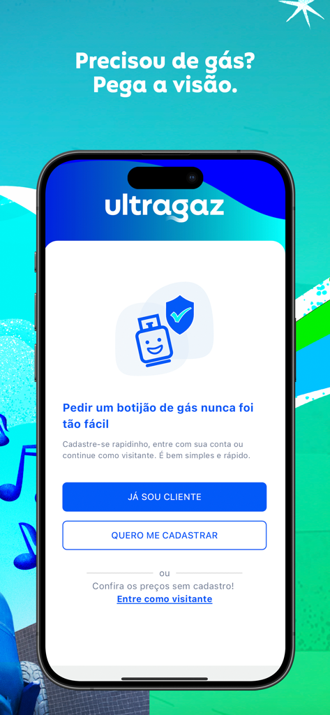 Ultragaz: Peça botijão - Welcome screen of the Ultragaz app for gas cylinder delivery with login and sign up options