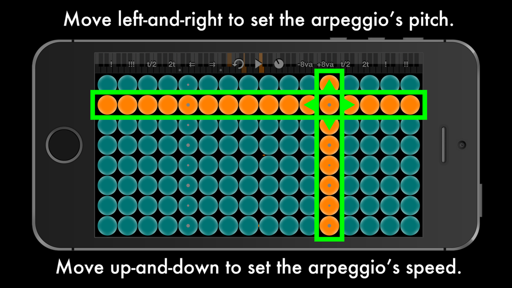 Arpeggionome for iPhone | matrix arpeggiator - Arpeggionome app interface showing the matrix grid for controlling arpeggio pitch and speed