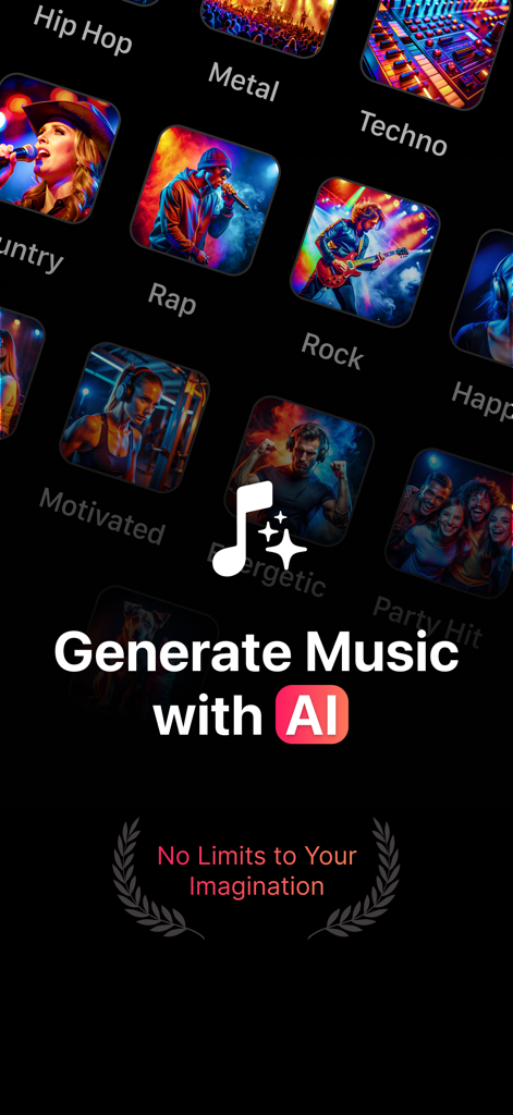 Song AI Maker: Generate Music - Song AI Makerのモバイルアプリ画面。ラップロックやヒップホップなどの音楽ジャンルとAI生成機能が表示されています。