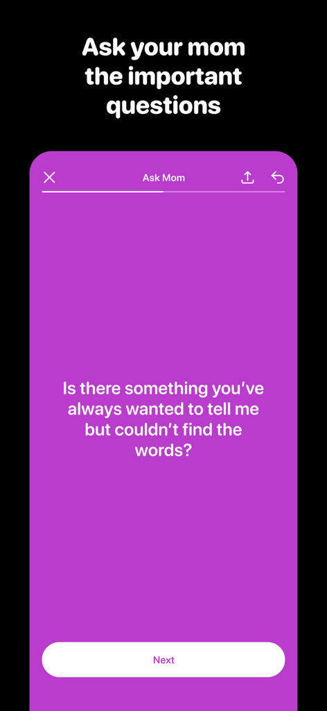 HH Talk app screenshot showing a question from the Ask Mom pack on a purple background