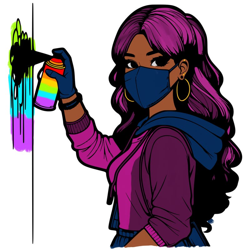 realistic girl with mask spray painting a wall