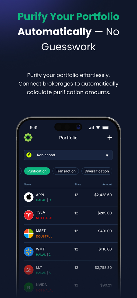 Musaffa app screenshot showing automated portfolio purification and halal stock status screening for common stocks