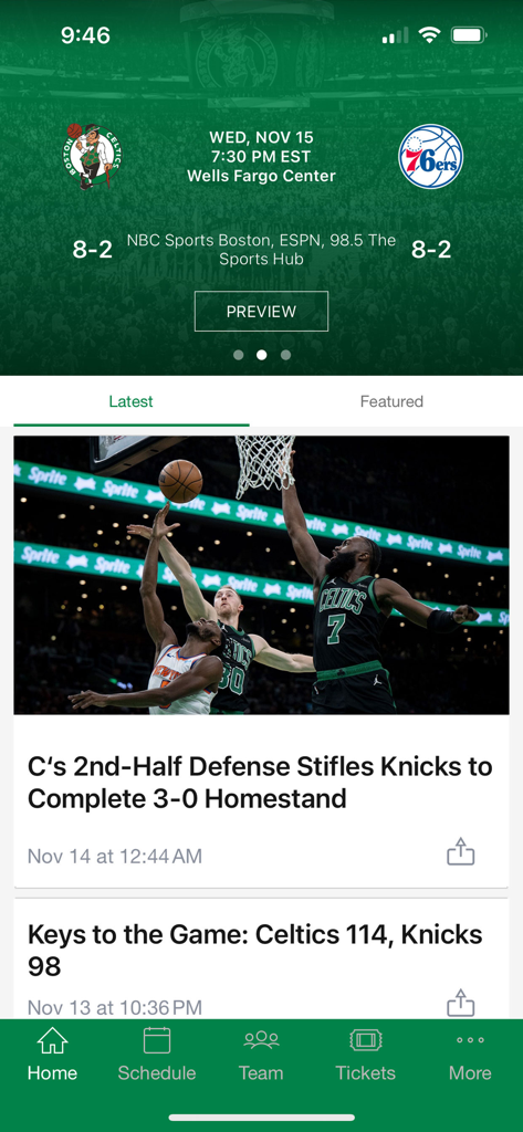 Boston Celtics - Boston Celtics official mobile app home screen featuring game preview between Celtics and 76ers and latest team news articles