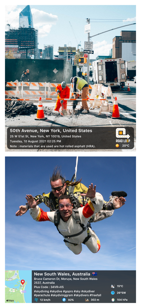 Geotagged photos showing location stamps for a construction site and skydiving