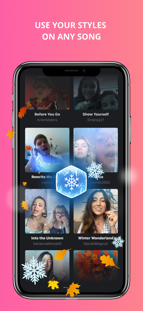 Style Studio by Smule - Interfaz de Style Studio de Smule mostrando una cuadrícula de interpretaciones de usuarios con efectos visuales y estilos personalizados