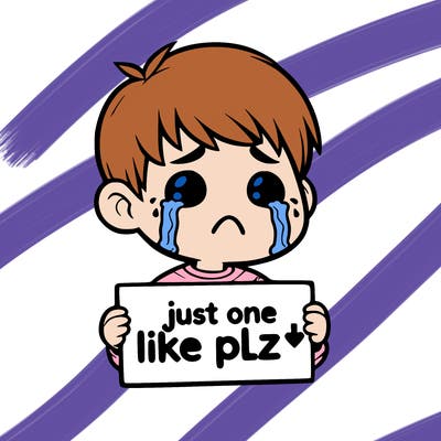 realistic crying boy with a sign saying just one like plz