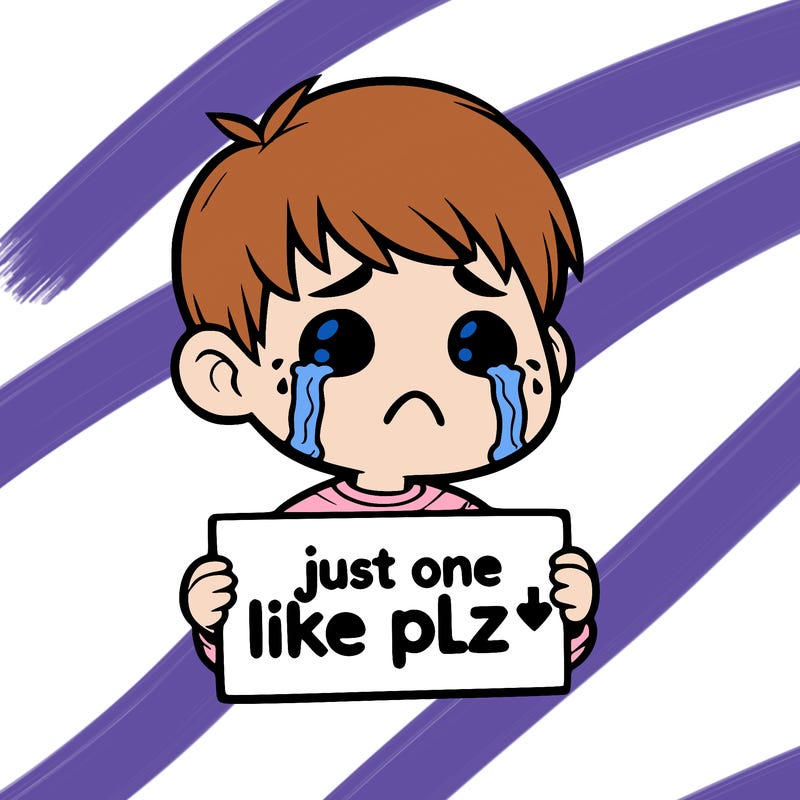 realistic crying boy with a sign saying just one like plz