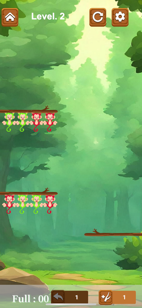 Des singes rouges et verts colorés pendent à des branches d'arbres dans un jeu de puzzle de tri en arrière-plan forestier.
