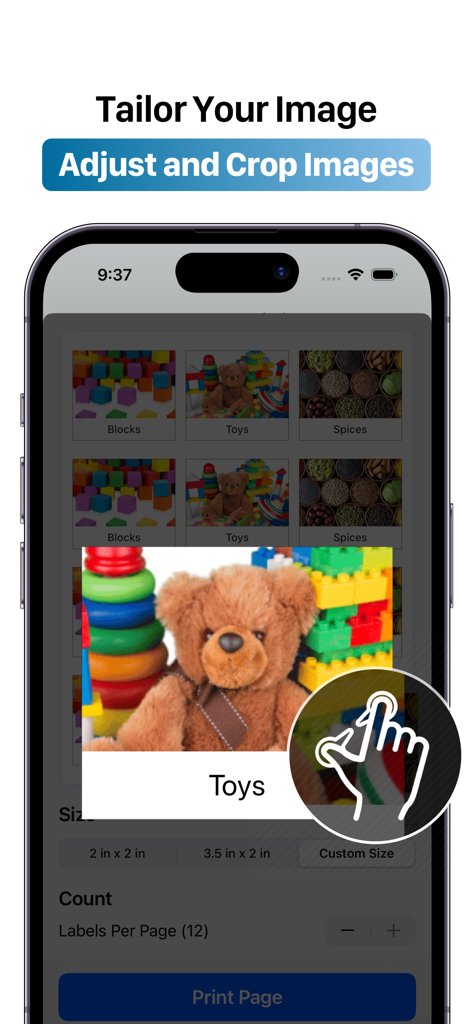 User interface of Label Pics+ showing the image cropping and adjustment feature for a toy label