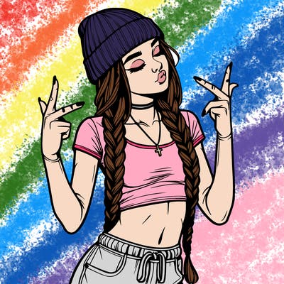 realistic teenage girl with braids and a beanie and crop top doing 🫶🏼