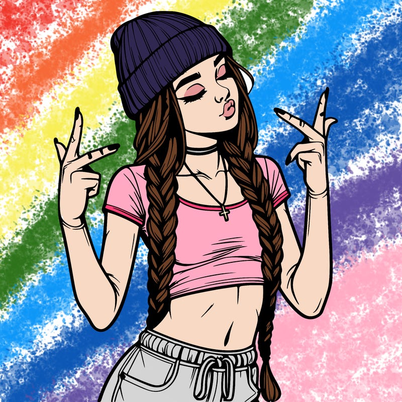 realistic teenage girl with braids and a beanie and crop top doing 🫶🏼