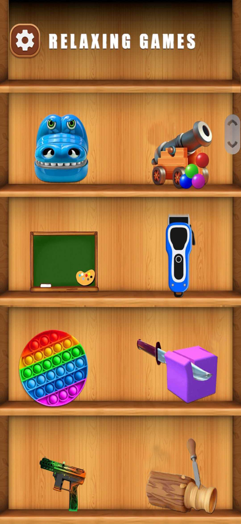 A wooden shelf showing different 3D relaxing mini games like pop it and wood carving