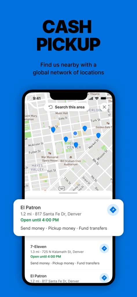 Walmart2Walmart - Map view of cash pickup locations in the Walmart2Walmart money transfer app