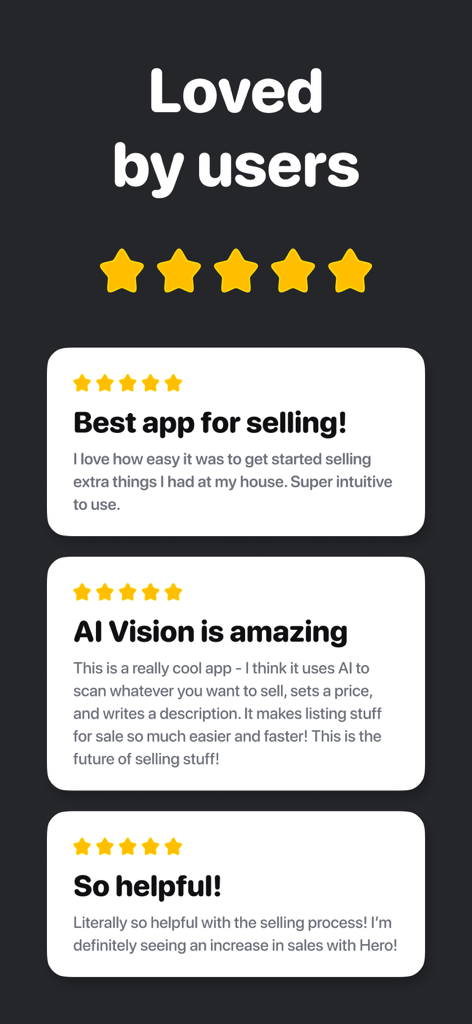 Hero: Sell, Price & List Fast - Three positive five star user reviews for the Hero reselling app highlighting ease of use and AI features.