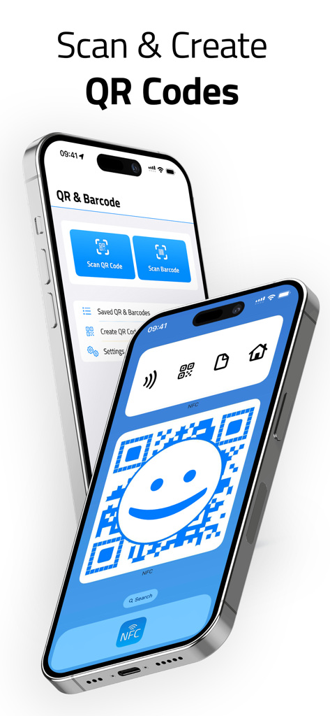 Due iPhone che mostrano l'interfaccia di scansione e creazione di codici QR e codici a barre dell'app NFC.cool