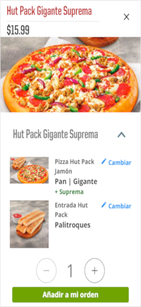 Mobile app interface showing a Hut Pack Gigante Suprema combo with pizza and breadsticks