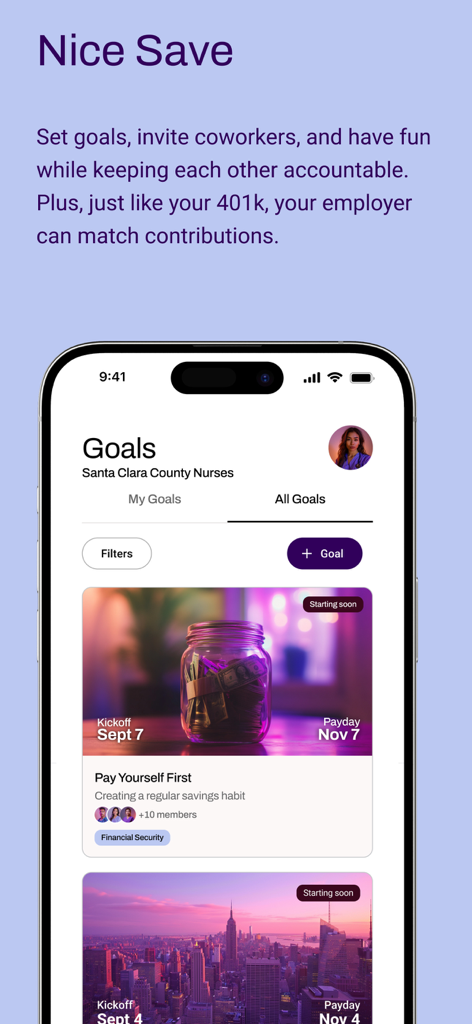 TANDA app interface showing a list of group savings goals for coworkers with employer match information