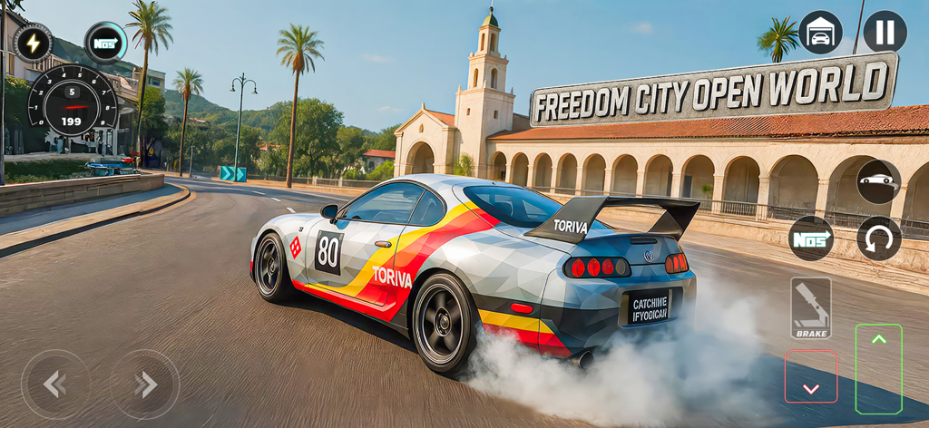 Une voiture de sport effectuant un drift dans l'environnement de monde ouvert Freedom City du jeu Real Car Driving City 3d.