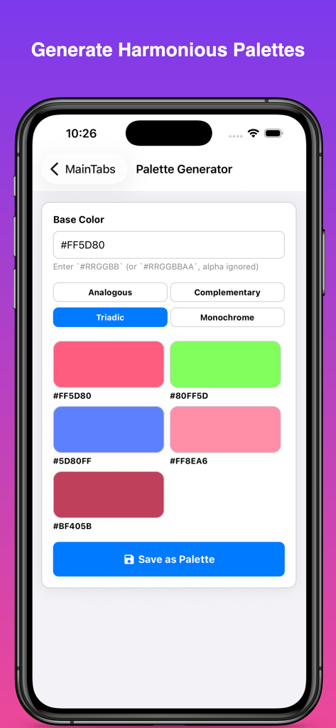 ColorKit – Palette & Picker - Interfaz de la aplicación ColorKit para generar paletas de colores triádicos a partir de un código hexadecimal base.
