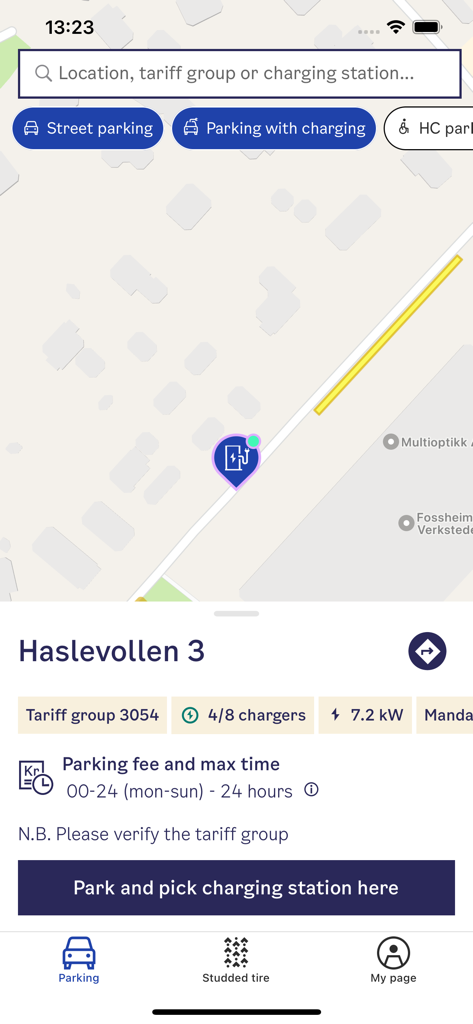 A map screen in the Bil i Oslo app showing availability and details for an electric vehicle charging station at Haslevollen 3.