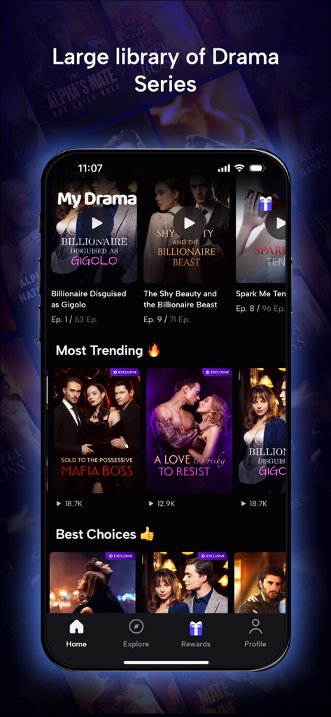 Smartphone screen displaying the MyDrama app interface with various trending short drama series