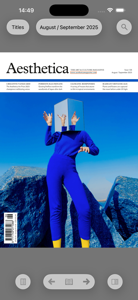 Exactly - Portada de revista digital de Aesthetica mostrada dentro de la interfaz de la aplicación Exactly