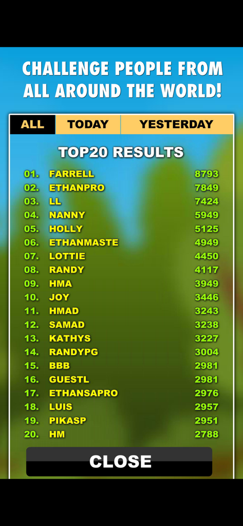 The Word Mania - Global leaderboard showing top 20 player rankings and high scores in The Word Mania app.