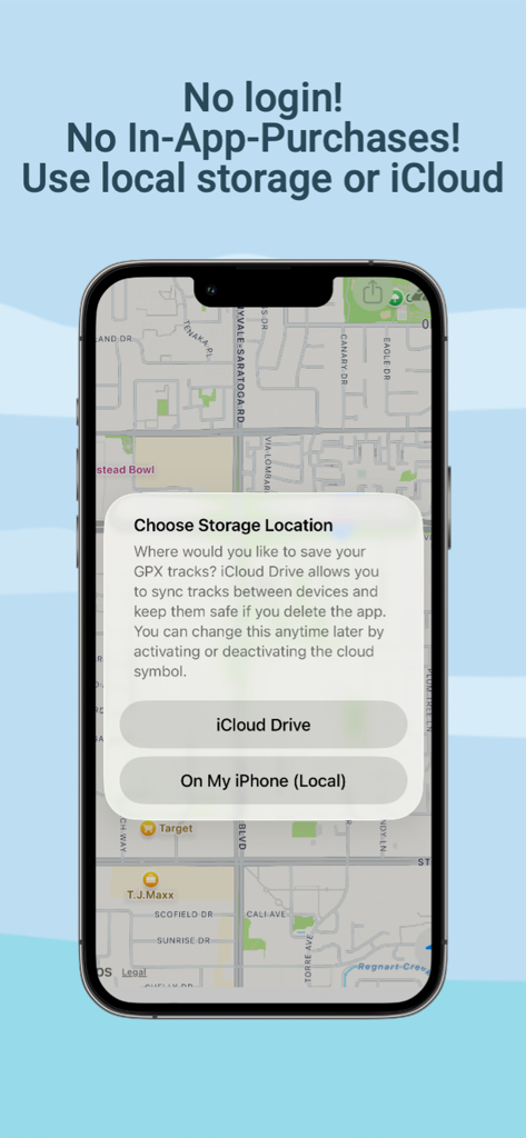 GPX PhotoGraph screen displaying storage selection between iCloud Drive and local iPhone storage.